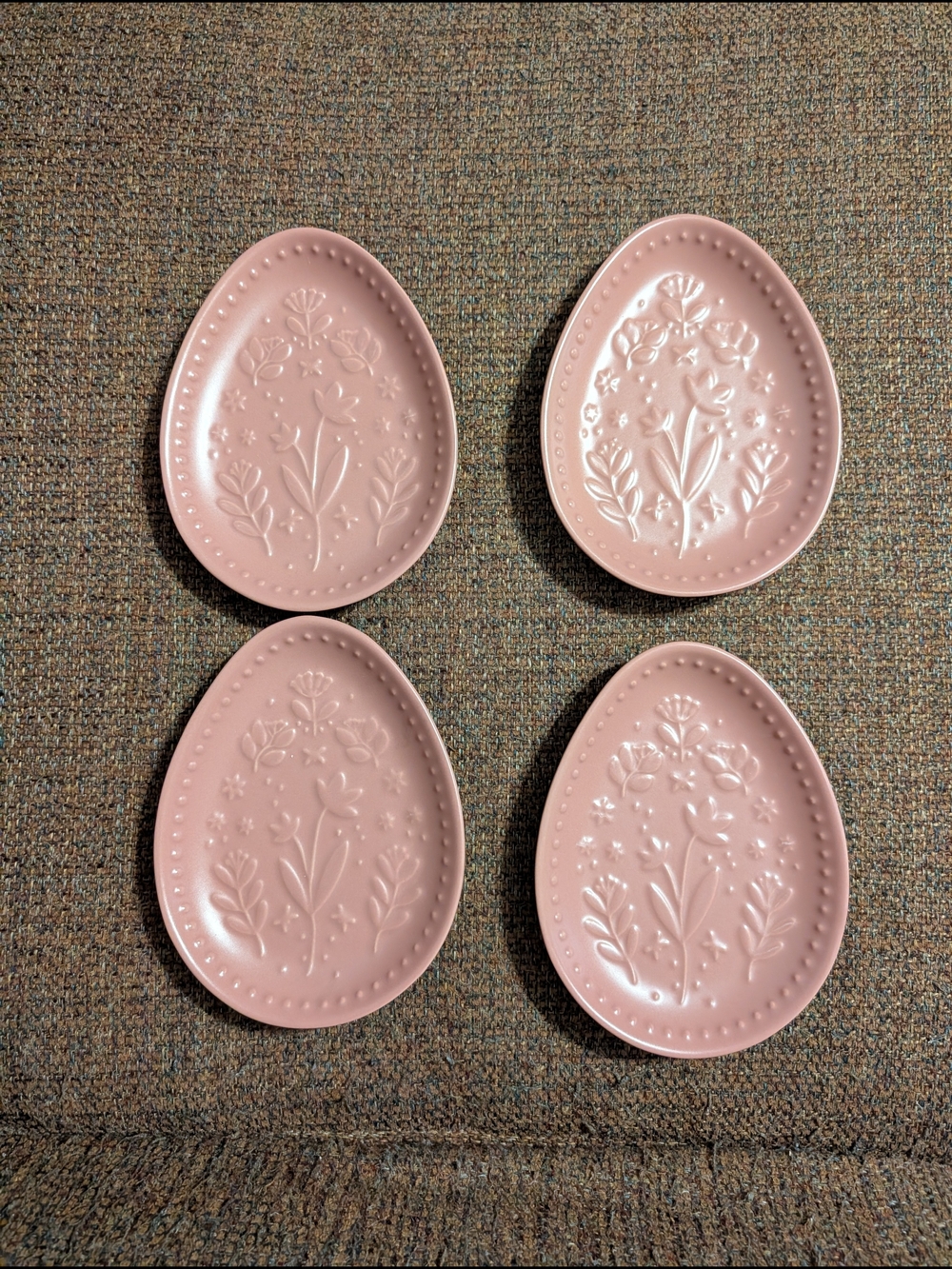 Crofton Rose Pink Embossed Floral Oval Egg Shaped Plates-Set of 4